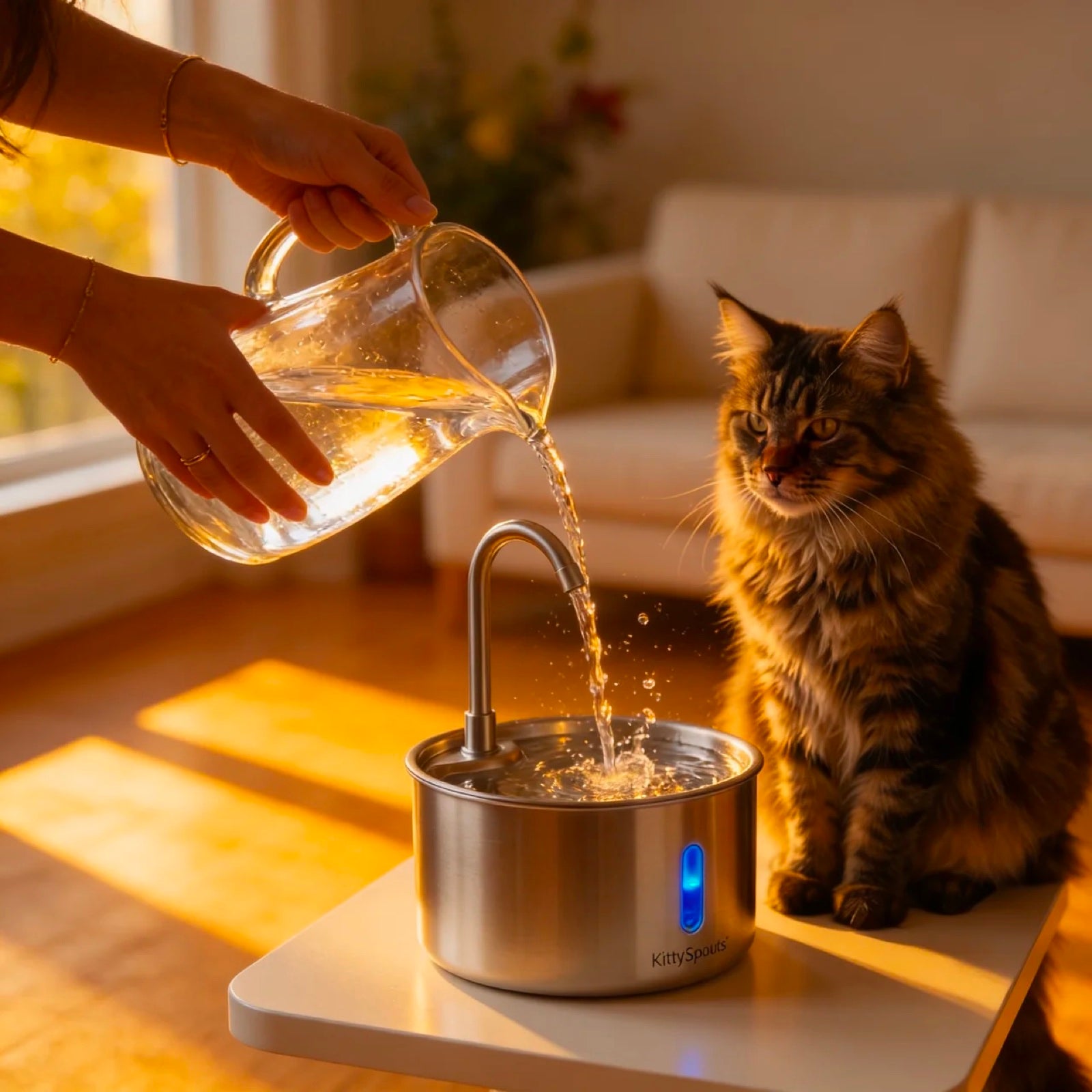 Pouring fresh water into the KittySpouts stainless-steel fountain as a cat watches