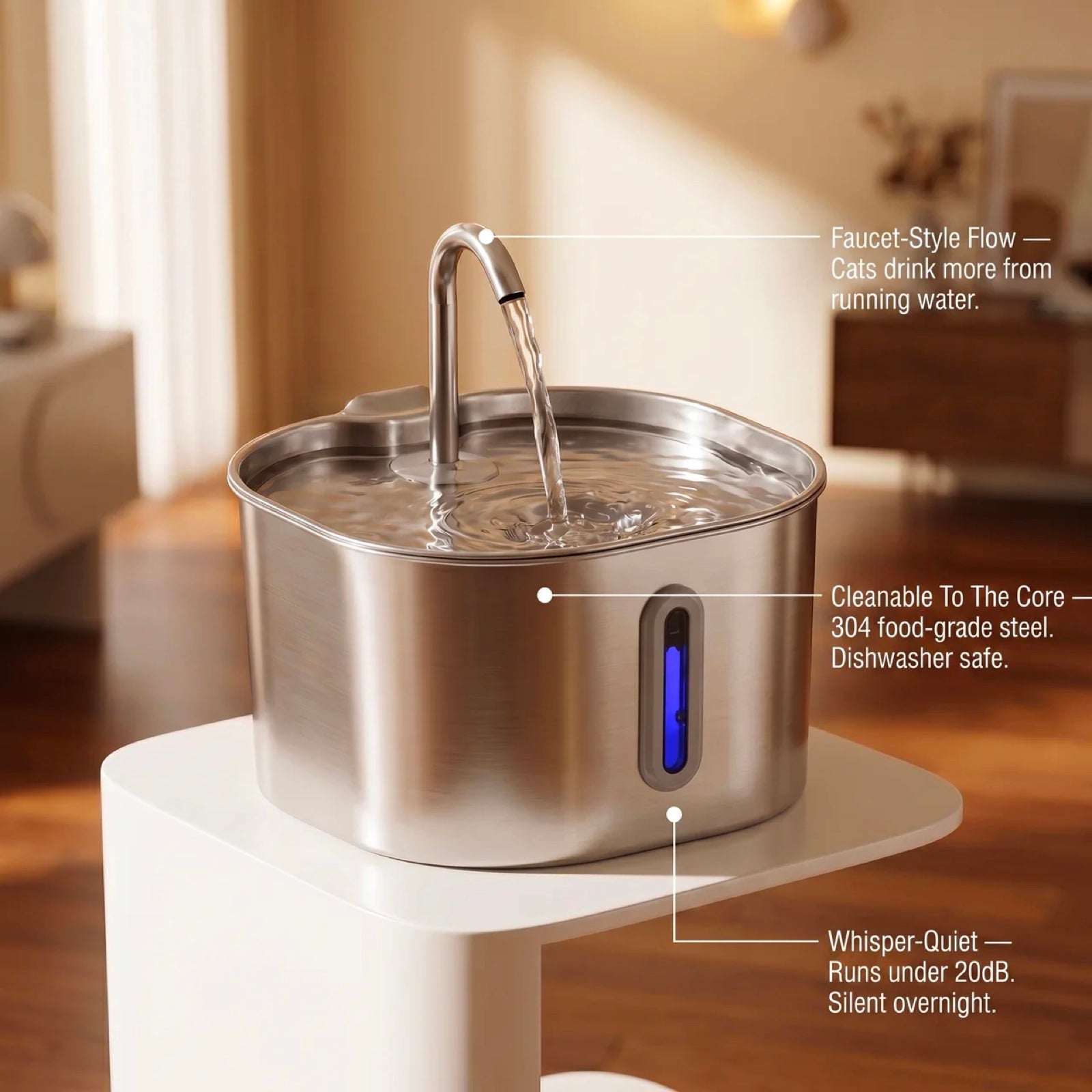 KittySpouts fountain with callouts — faucet-style flow, cleanable to the core 304 steel, whisper-quiet under 20dB